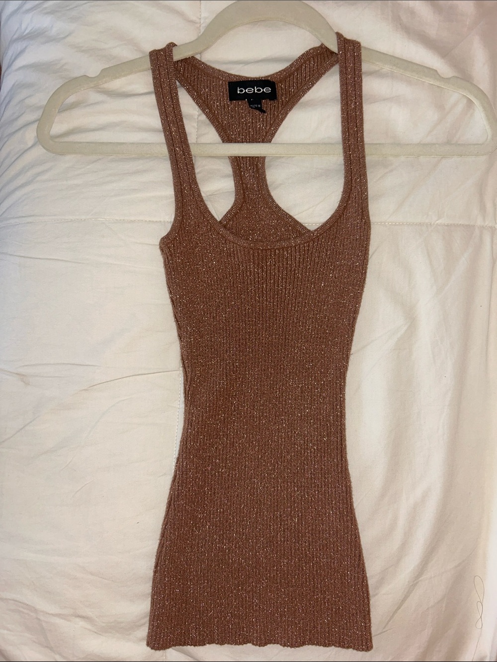 Bebe Metallic Ribbed Racerback Tank - Copper